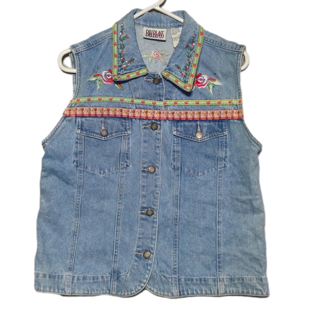 Vintage Bill Blass Jeans Denim Vest Womens Large Blue Floral Embroidered Gingham